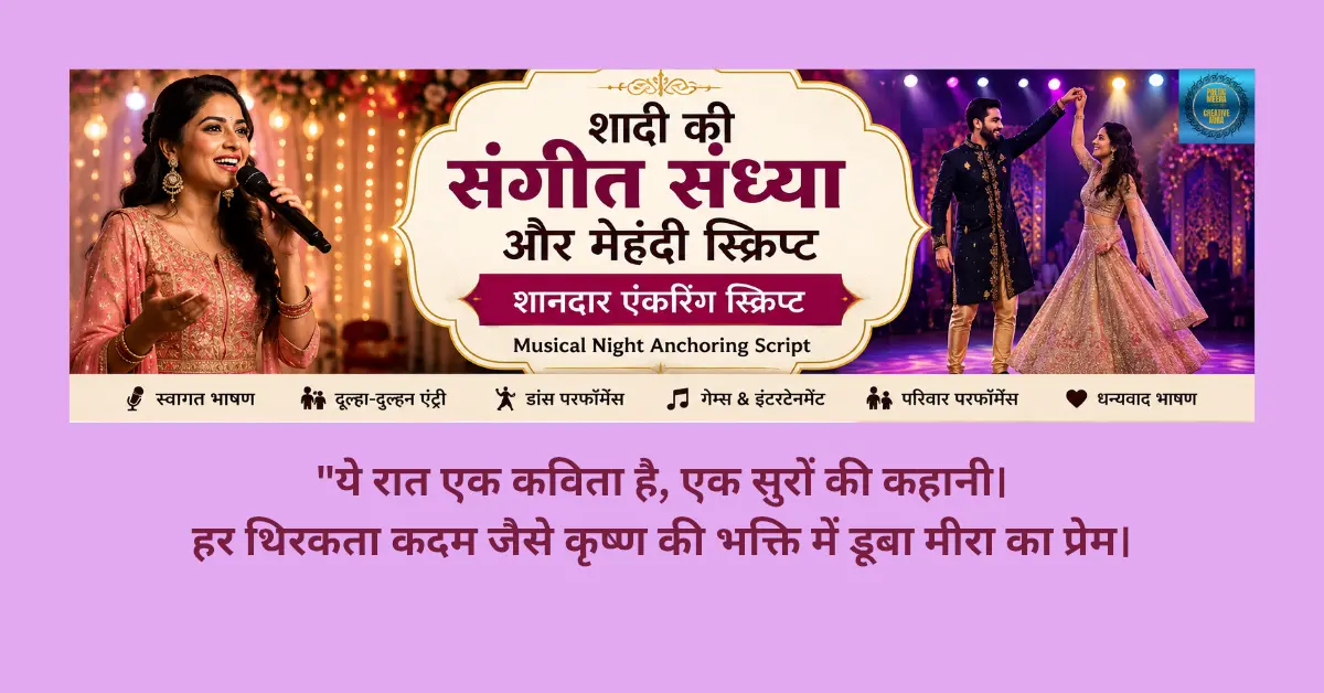 शादी की संगीत संध्या और मेहंदी स्क्रिप्ट, Musical Night Anchoring Script, मेहंदी समारोह एंकरिंग, दूल्हा-दुल्हन एंट्री, शादी कार्यक्रम संचालन